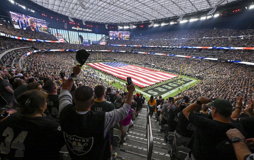 Allegiant Stadium is seen before the first half of an NFL football game between the Green Bay Packers and the Las Vegas Raiders Monday, Oct. 9, 2023, in Las Vegas. (AP Photo/David Becker)