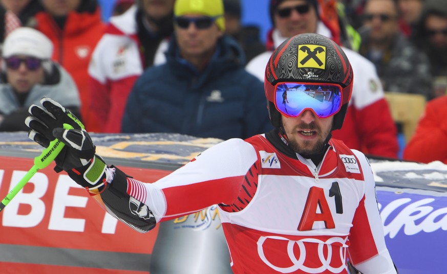 epa07391929 Marcel Hirscher of Austria reacts in the finish area during the firts run of the Men&#039;s Giant Slalom at the FIS Alpine Skiing World Cup in Bansko, Bulgaria 24 February 2019. EPA/GEORGI ...