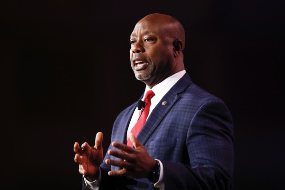epa10315095 Republican South Carolina Senator Tim Scott speaks at the 2022 Republican Jewish Coalition Annual Leadership Meeting at the Venetian Hotel and Casino in Las Vegas, Nevada, US, 19...