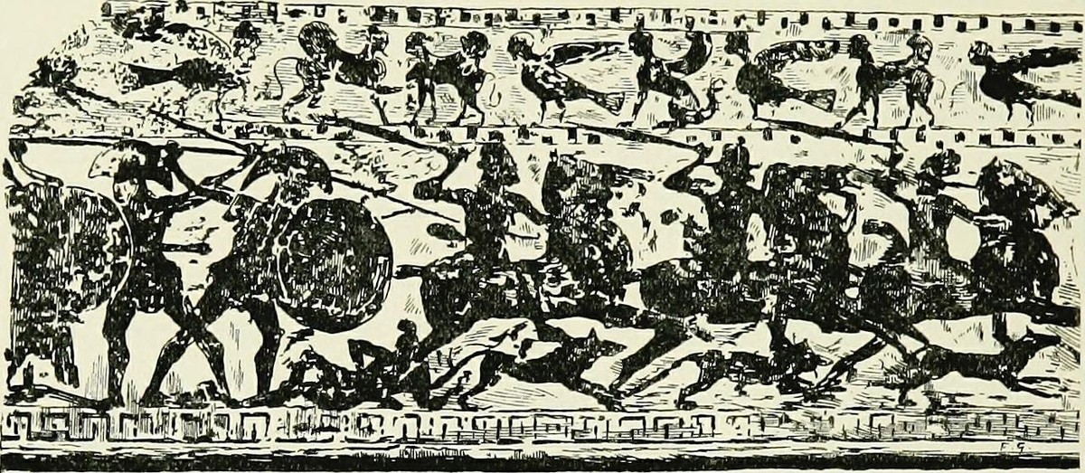 Battle between Cimmerian cavalry, their war dogs, and Greek hoplites, depicted on a Pontic plate. 
https://en.wikipedia.org/wiki/Dogs_in_warfare#/media/File:History_of_Egypt,_Chaldea,_Syria,_Babylonia ...