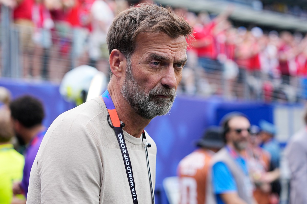Former Liverpool manager Juergen Klopp attends the World Cup round of 16 soccer match between Brazil and Norway in East Rutherford, N.J., near New York, Sunday, July 5, 2026. (AP Photo/Frank Franklin  ...