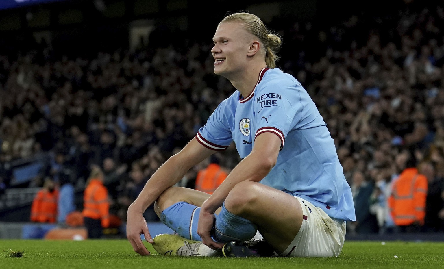 Manchester City&#039;s Erling Haaland celebrates after scoring his side&#039;s second goal during the English Premier League soccer match between Manchester City and West Ham United at Etihad stadium  ...
