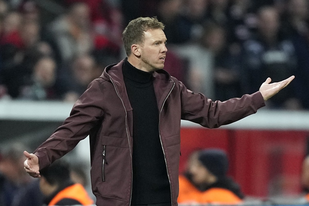 FILE - Bayern head coach Julian Nagelsmann reacts during his last German Bundesliga soccer match against Bayer Leverkusen in Leverkusen, Germany, Sunday, March 19, 2023. Bayern Munich might be about t ...