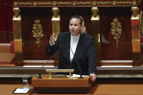 epa12362662 Member of Parliament for the La France Insoumise (LFI) party Mathilde Panot gives her speech prior to the French prime minister and his government facing a vote of confidence at the French ...