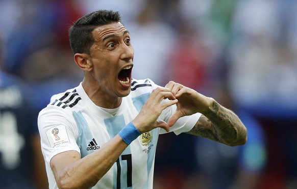 Argentina&#039;s Angel Di Maria celebrates after scoring his side&#039;s first goal during the round of 16 match between France and Argentina, at the 2018 soccer World Cup at the Kazan Arena in Kazan, ...