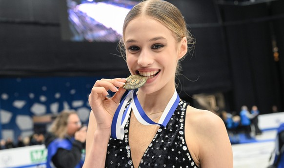 epa10436448 Third placed Kimmy Repond of Swizerland celebrates on the podium for the Women&#039;s Free Skating program of the ISU European Figure skating Championships in Espoo, Finland, 28 January 20 ...