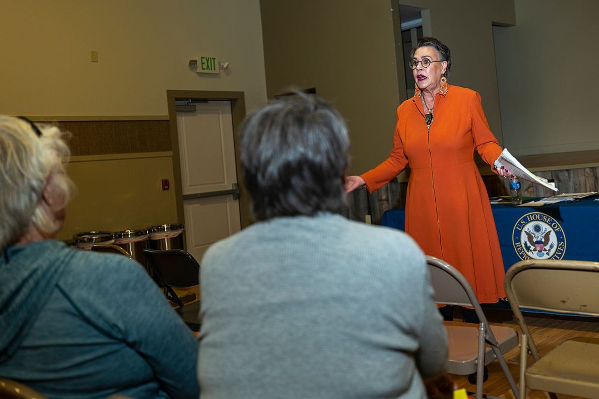 BOULDER, WYOMING - SEPTEMBER 29:Rep. Harriet Hageman (R-WY), talks with her constituents at a town hall on September 29, 2026 in Boulder, Wyoming. About 30 people attended the town hall where they que ...