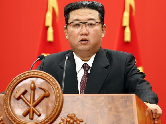epa09517870 A photo released by the official North Korean Central News Agency (KCNA) shows Kim Jong-Un, general secretary of the Worker&#039;s Party of Korea, giving a speech during a commemorative le ...