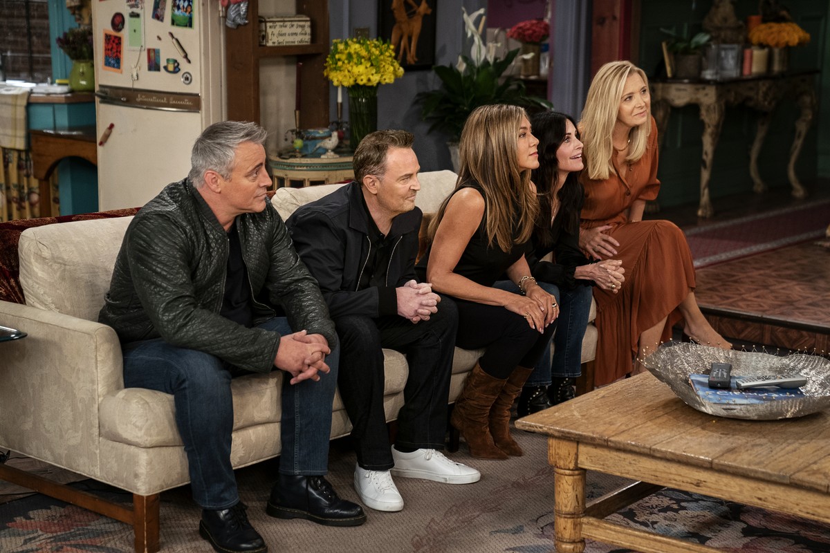 This image provided by HBO Max shows Matt LeBlanc, from left, Matthew Perry, Jennifer Aniston, Courteney Cox and Lisa Kudrow in a scene from the "Friends" reunion special. (Terence Patrick/H ...