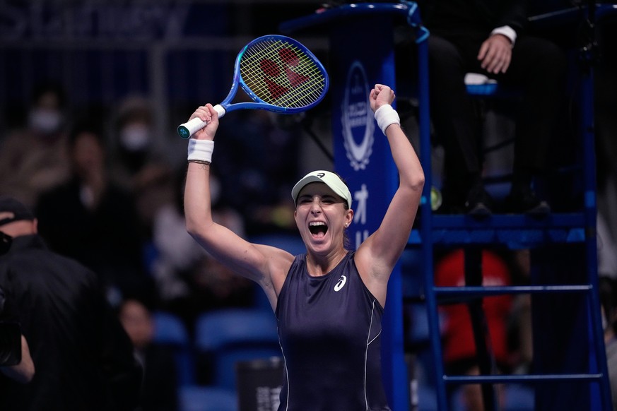 Switzerland&#039;s Belinda Bencic celebrates after winning against Czech Republic&#039;s Linda Noskova in the final match of the Pan Pacific Open women&#039;s tennis tournament at Ariake Coliseum, in  ...