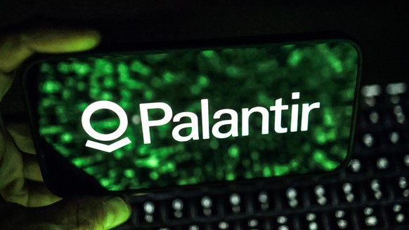 epa12031786 A photo illustration made on 14 April 2025 shows the Palantir logo. Palantir Technologies Inc. is US company that specializes in software platforms for big data analytics. Palantir enables ...