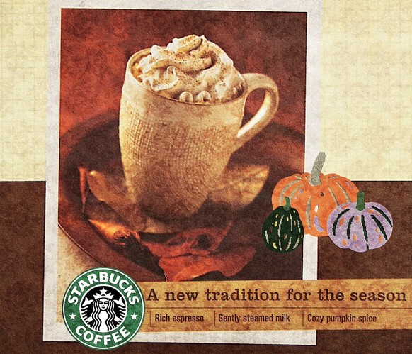 Die allererste Pumpkin-Spice-Latte-Kampagne anno 2003.
https://x.com/RetroNewsNow/status/1694592424872444293/photo/1