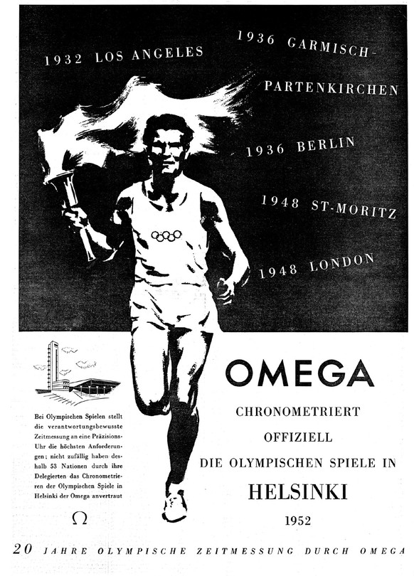 Werbeseite von Omega in der NZZ vom 20. Juni 1952 anlässlich der Spiele in Helsinki und dem 20-jährigen Jubiläum der Firma bezüglich Zeitmessung an Olympischen Spielen. https://www.e-newspaperarchives ...