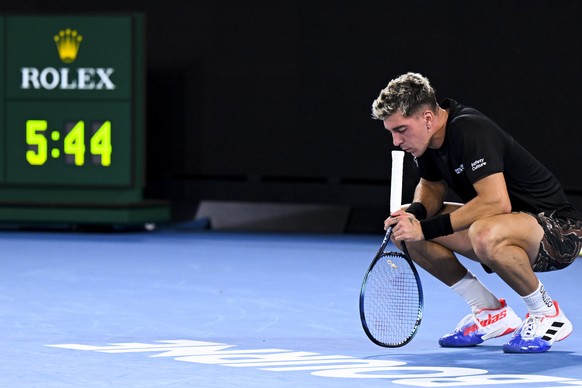 epa10416248 Thanasi Kokkinakis of Australia reacts ahead of the last point of his match against Andy Murray of Great Britain at the 2023 Australian Open tennis tournament in Melbourne, Australia, 20 J ...