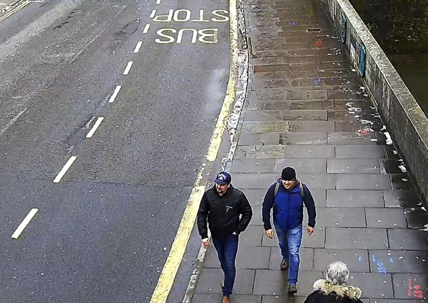 This still taken from CCTV and issued by the Metropolitan Police in London on Wednesday Sept. 5, 2018, shows Ruslan Boshirov and Alexander Petrov on Fisherton Road, Salisbury, England on March 4, 2018 ...