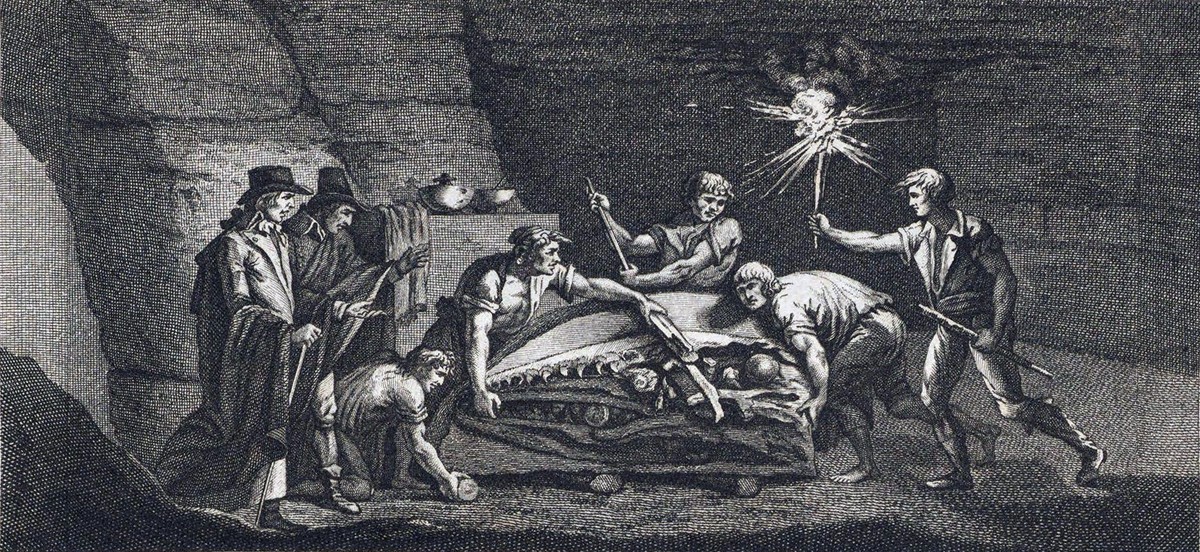 Entdeckung des ersten Mosasauriers (Mosasaurus hoffmani) in Maastricht, Stich von G. R. Levillaire, veröffentlicht in dem Buch Histoire naturelle de la montagne de Saint-Pierre de Maestricht, von Bart ...