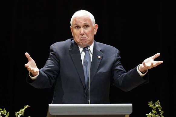 Former Vice President Mike Pence gestures as he addresses the Gary R. Herbert Institute for Public Policy on the campus of Utah Valley University Tuesday, Sept. 20, 2022, in Provo, Utah. (AP Photo/Ric ...