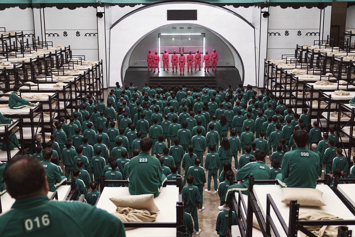 This image released by Netflix shows a scene from the popular Korean series "Squid Game." Netflix announced "Squid Game: The Challenge," a reality competition show, based on the se ...