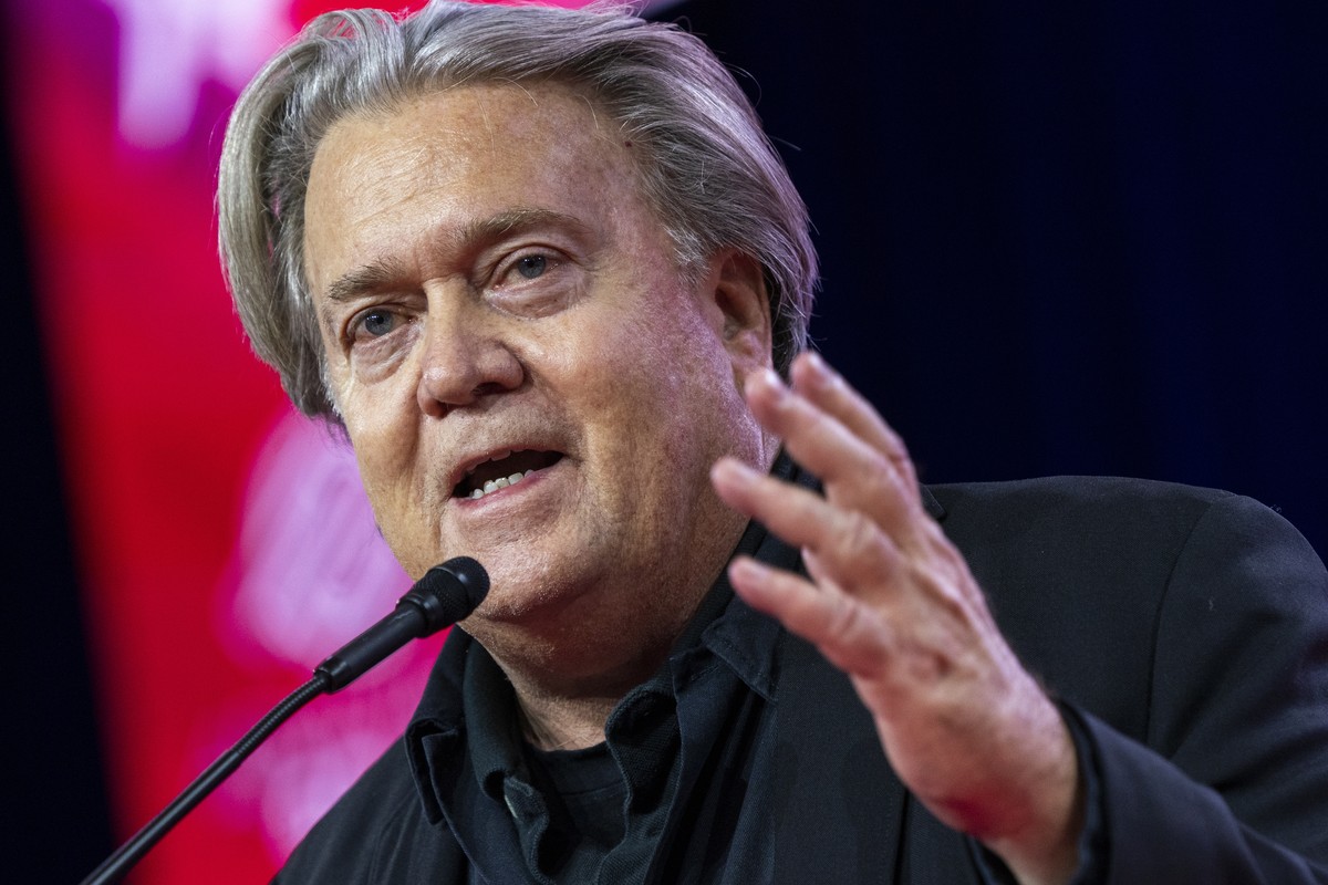epa10501572 Former White House Chief Strategist Steve Bannon speaks at the Conservative Political Action Conference (CPAC), billed as the largest conservative gathering in the world, at the Gaylord Na ...