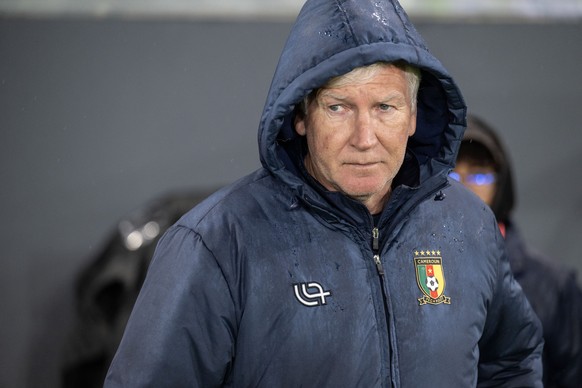 epa12524596 Marc Brys head coach of Cameroon looks on during the 2026 FIFA World Cup CAF qualifiers play-offs semifinal soccer match between Cameroon and Congo DR, in Rabat, Morocco, 13 November 2025. ...