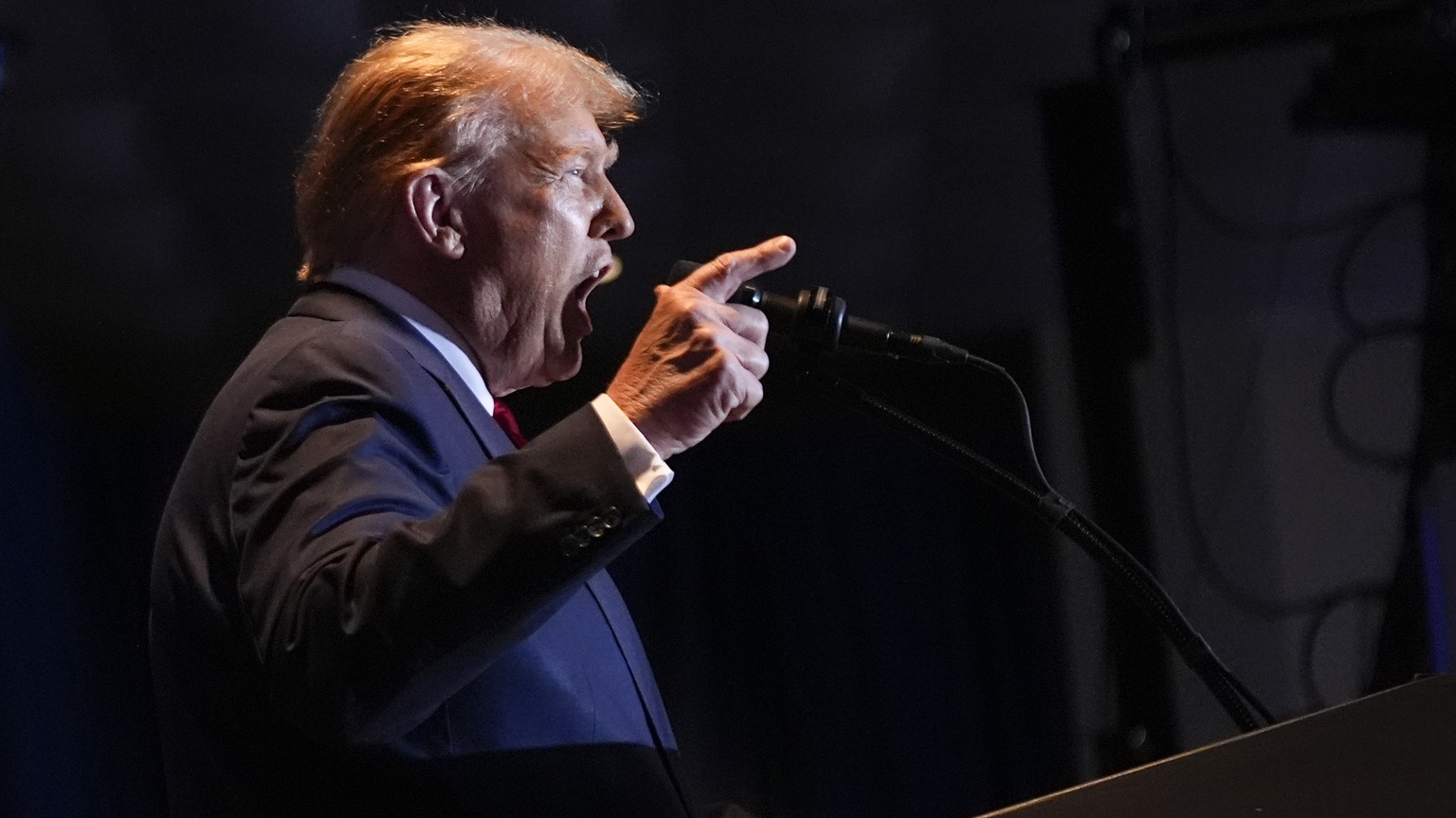 FILE - Republican presidential candidate former President Donald Trump speaks at a primary election night party at the South Carolina State Fairgrounds in Columbia, S.C., Feb. 24, 2024. In a victory s ...