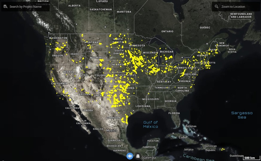 Die Windkraftanlagen in den USA. Die Wind-Schneise beginnt gleich über dem *ähm* «Gulf of Mexico».