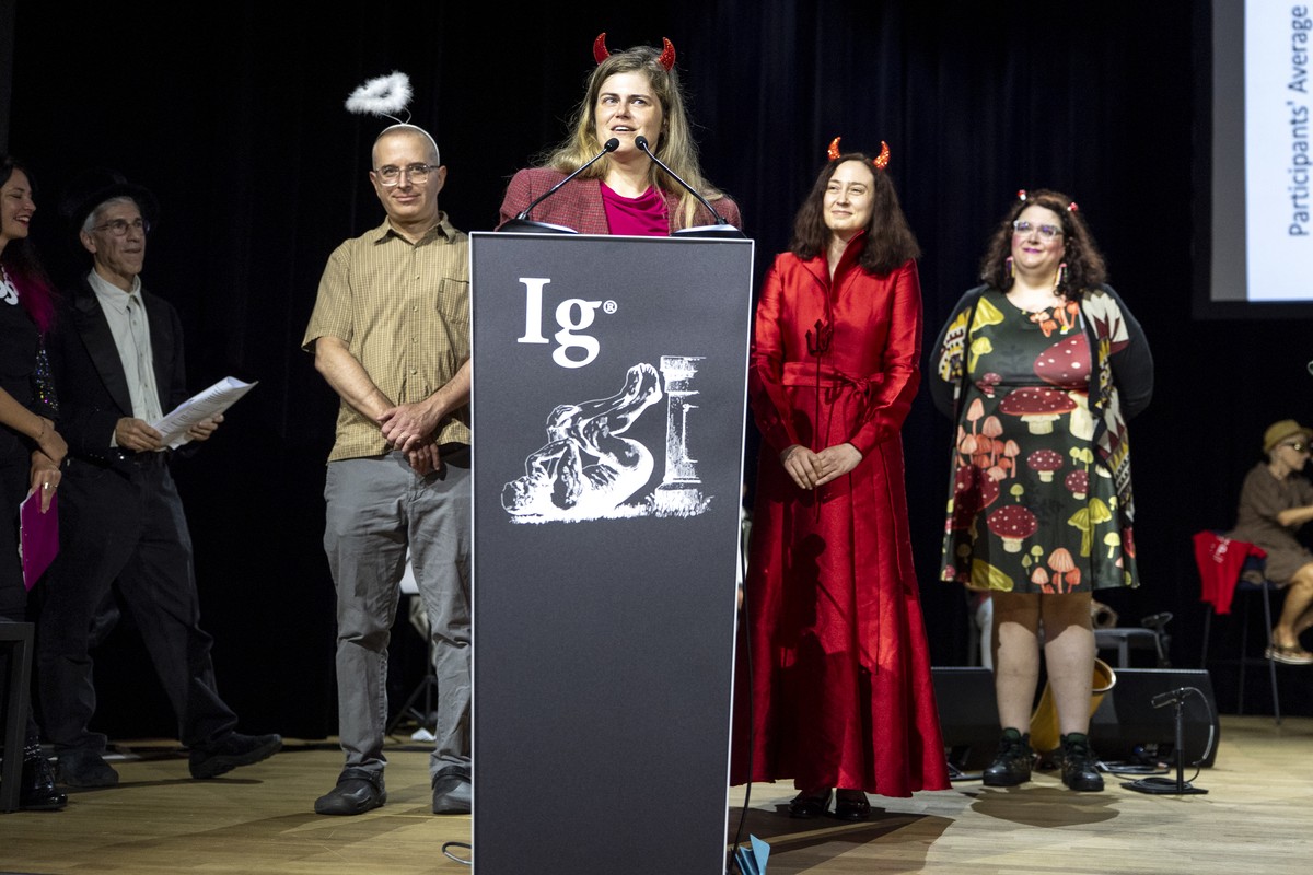 IG Nobel Peace Prize Winners (L to R) Daniel Sznycer, Jaimie Arona Krems and Keelah Williams speak during the 36th First Annual Ig Nobel Prize ceremony held in the Zurich Convention Center in Zurich,  ...