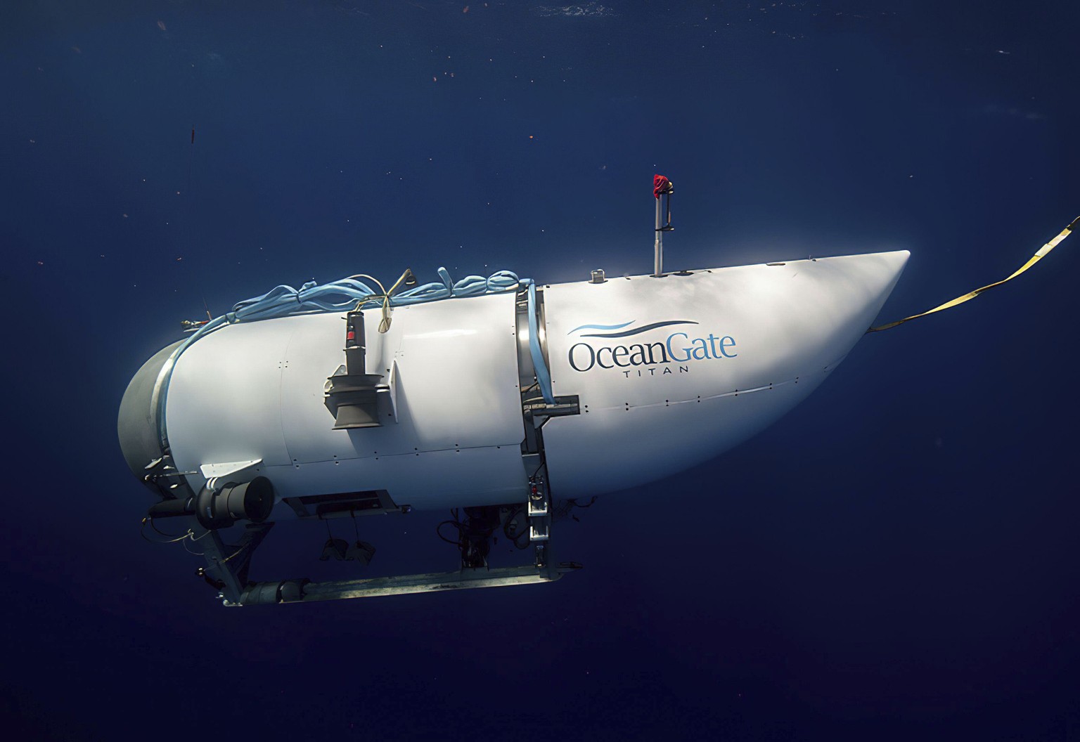 FILE - This photo provided by OceanGate Expeditions shows a submersible vessel named Titan used to visit the wreckage site of the Titanic. The wrecks of the Titanic and the Titan sit on the ocean floo ...