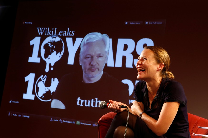 Julian Assange, Founder and Editor-in-Chief of WikiLeaks via video link and Sarah Harrison, a WikiLeaks journalist attend a press conference on the occasion of the 10 year anniversary celebration of W ...