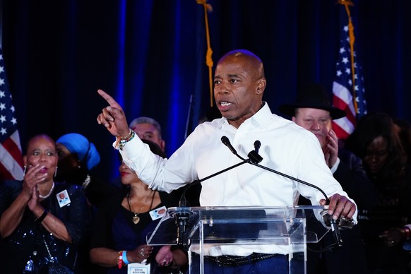 New York City Mayor-elect Eric Adams speaks to supporters, late Tuesday, Nov. 2, 2021, in New York. (AP Photo/Frank Franklin II)