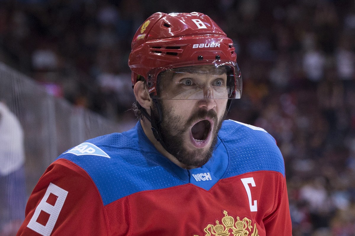 Team Russia's Alex Ovechkin reacts as he celebrates a goal by Vladimir Tarasenko (not shown) against Team Finland during second period World Cup of Hockey action in Toronto on Thursday, Sept. 22, ...