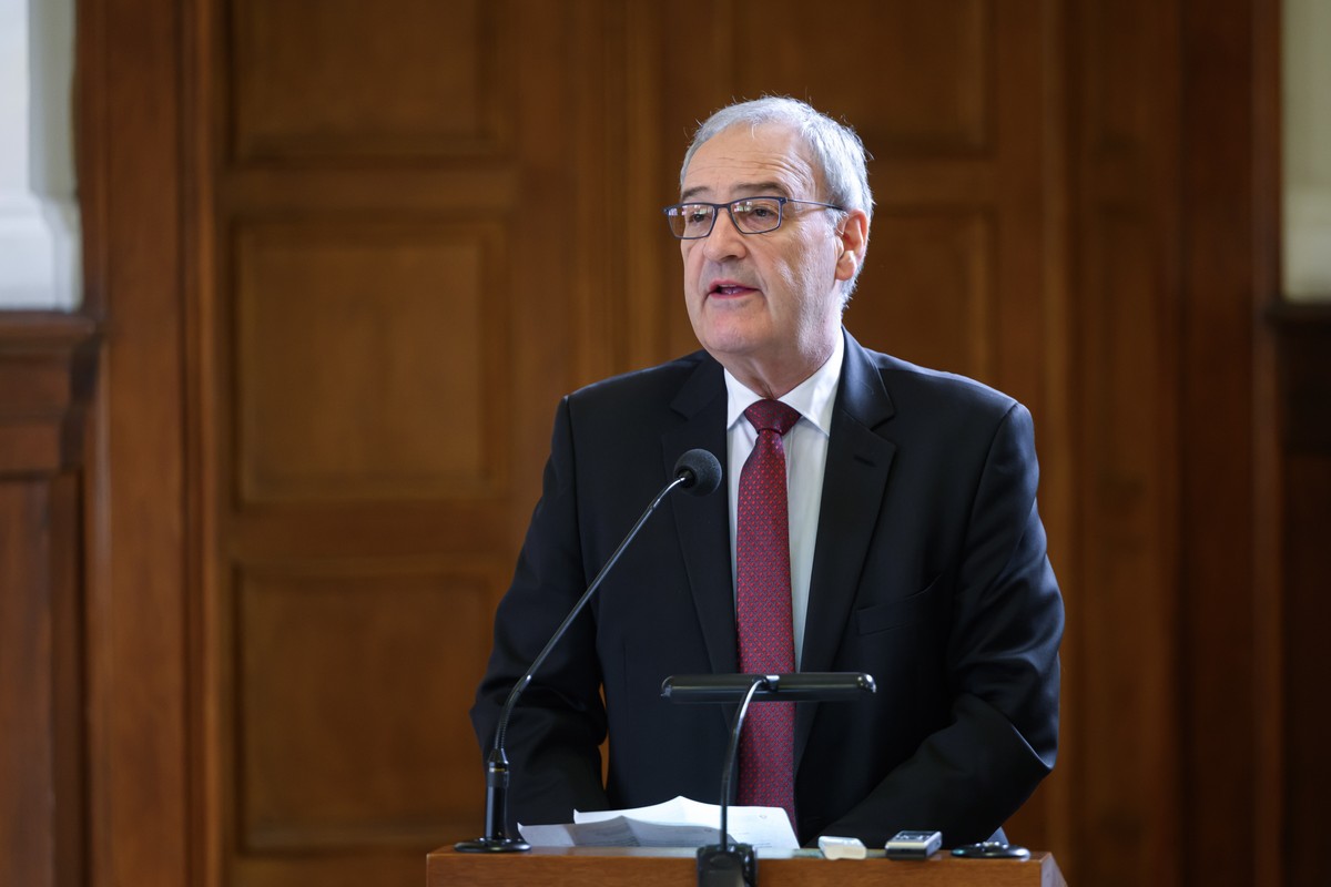 epa12101911 Swiss Federal Councillor and head of Federal Department of Economic Affairs, Education and Research, Guy Parmelin speaks during the signing of a memorandum of understanding (MoU) between P ...