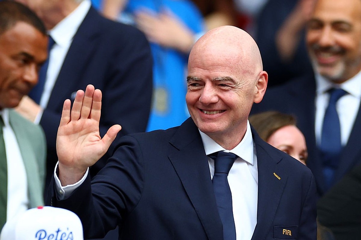 MIAMI GARDENS, FLORIDA - JULY 11: FIFA President Gianni Infantino gestures ahead of the FIFA World Cup 2026 Quarter Final match between Norway and England at Miami Stadium on July 11, 2026 in Miami Ga ...