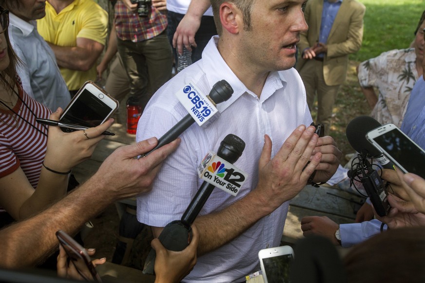 White nationalist Richard Spencer gives remarks after a white nationalist rally was declared an unlawful assembly on Saturday Aug. 12, 2017, in Charlottesville, Va. The group had gathered to protest p ...