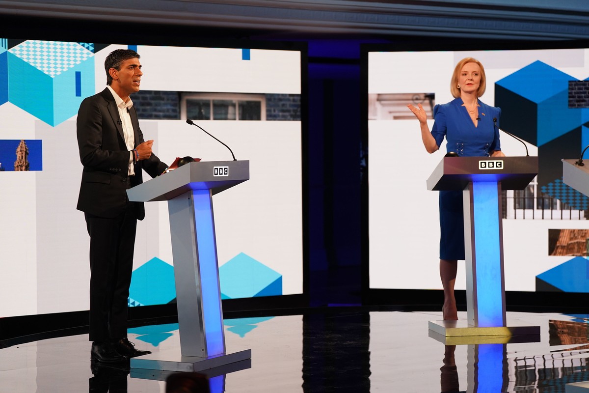 Liz Truss and Rishi Sunak before taking part in the BBC Conservative Party leadership debate in Stoke-on-Trent, England, Monday July 25, 2022. Foreign Secretary Liz Truss and former Treasury chief Ris ...