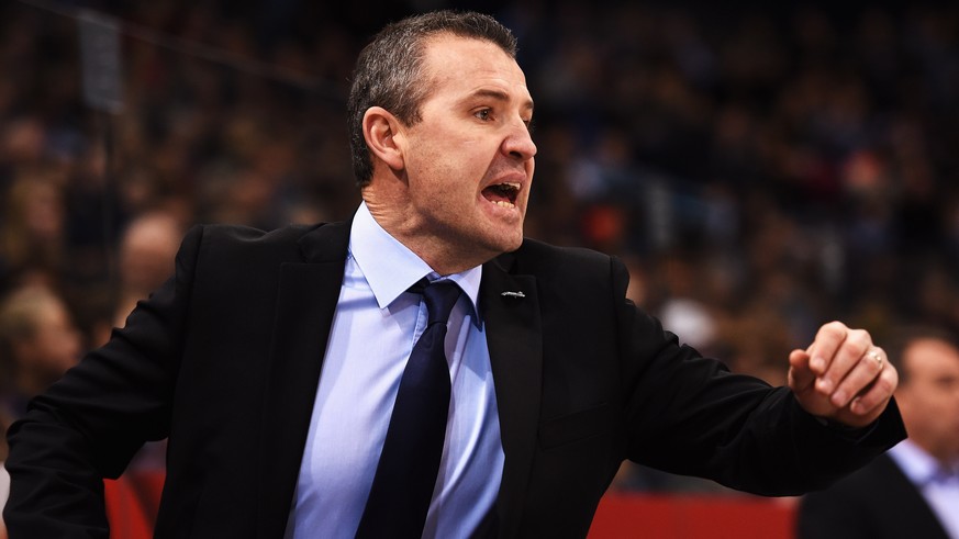 HAMBURG, GERMANY - JANUARY 18: Serge Aubin, head coach of Hamburg reacts during the DEL ice hockey game between Hamburg Freezers and Eisbaeren Berlin at O2 World on January 18, 2015 in Hamburg, German ...