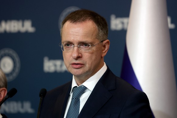 epa12256759 Russian Presidential Aide and head of the delegation Vladimir Medinsky addresses the media during a press conference following a new round of peace talks between Russia and Ukraine, in Ist ...