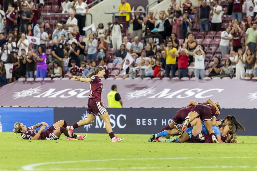 Servette's players celebrate their qualifying for the Champions League after defeating Sparta Praha, during the UEFA Women's Champions League 3rd qualifying round second leg soccer match bet ...