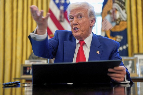 President Donald Trump speaks as he signs executive orders in the Oval Office of the White House Wednesday, April 9, 2025, in Washington. (Pool via AP)
Trump