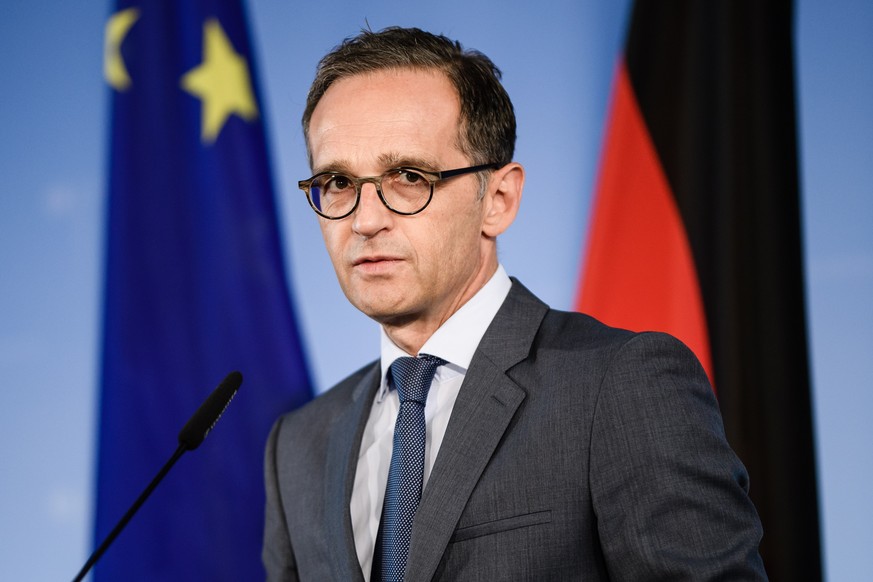 epa06919087 German Foreign Minister Heiko Maas talks during a joint press conference with the Minister of Foreign and European Affairs of the Republic of Albania Ditmir Bushati (not in the picture) af ...