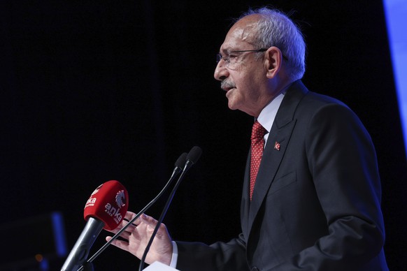 Turkey&#039;s main opposition Republican People&#039;s Party, CHP, leader and Nation Alliance&#039;s presidential candidate Kemal Kilicdaroglu speaks at CHP headquarters, in Ankara, Turkey, late Sunda ...