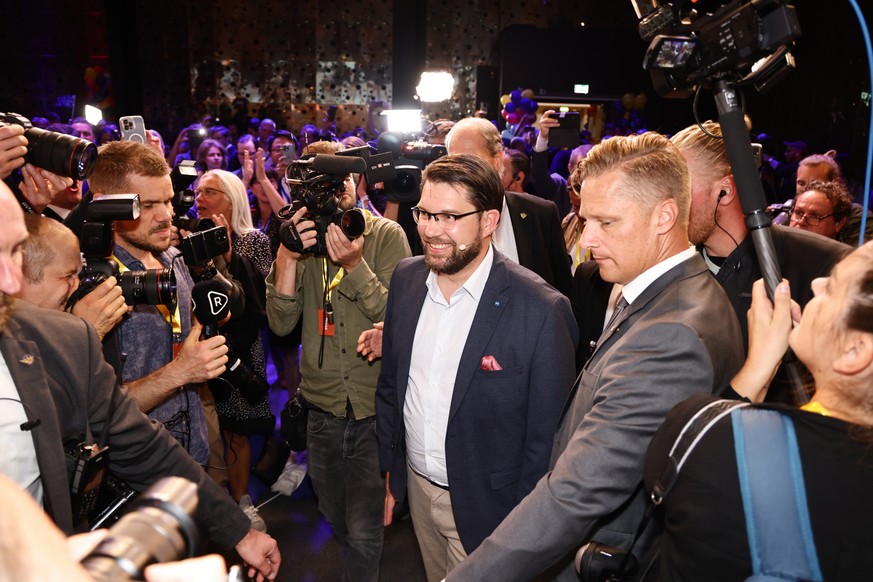 The leader of the Sweden Democrats Jimmie ?�kesson delivers a speech at the party&#039;s election watch at Elite Hotel Marina Tower Tower in Nacka, near Stockholm, Sweden, early Monday, Sept. 12, 2022 ...