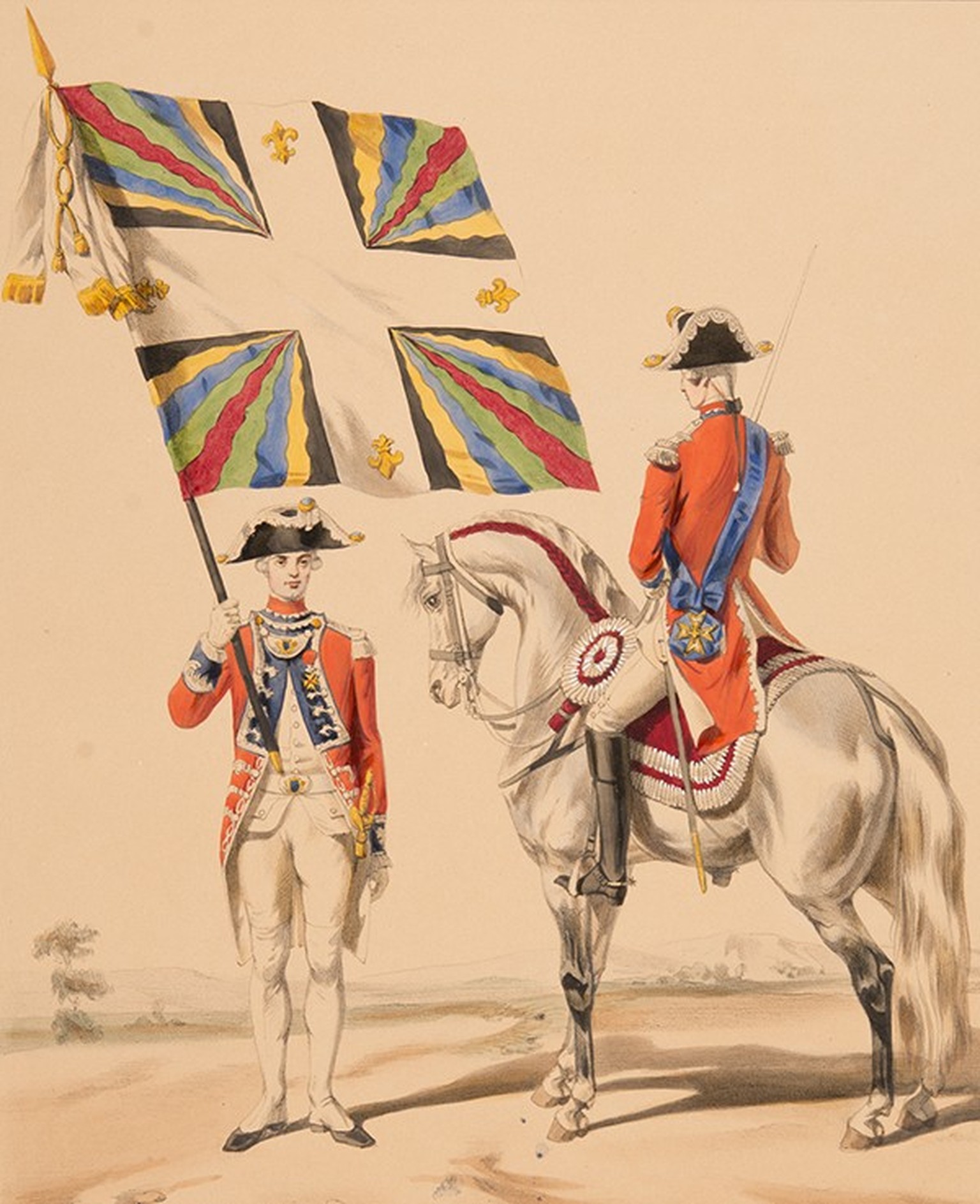 Ein Regiment der Gardes-Suisses am Hof von Ludwig XVI. Druckgrafik aus dem 18. Jahrhundert.