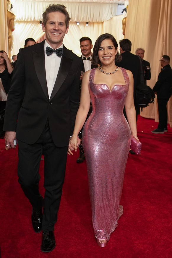 Ryan Piers Williams,left, and America Ferrera arrive at the Oscars on Sunday, March 10, 2024, at the Dolby Theatre in Los Angeles. (AP Photo/John Locher)
Ryan Piers Williams,America Ferrera