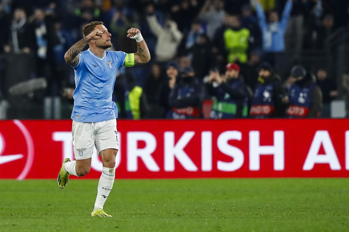 epa11153666 Lazio's Ciro Immobile celebrates scoring the 1-0 goal during the UEFA Champions League Round of 16, 1st leg soccer match SS Lazio vs FC Bayern Munich in Rome, Italy, 14 February 2024. ...