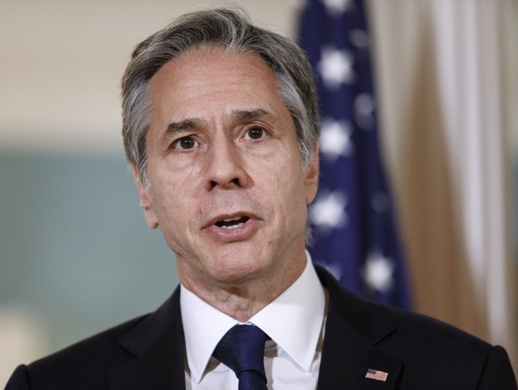 Secretary of State Antony Blinken speaks with meeting with Chile&#039;s Foreign Minister Andres Allamand, Friday, July 16, 2021, at the State Department in Washington. (Tom Brenner/Pool via AP)