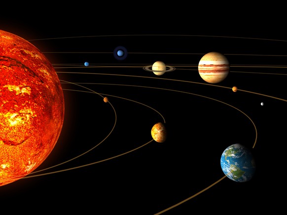 An artist rendition released by the European Space Agency on Wednesday, Nov. 28, 2007 shows the main bodies of the solar system, the Sun, Mercury, Venus, the Earth, from left in foreground, Uranus, Ne ...