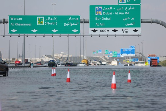 epa11284197 A flooded road after heavy rainfall in Dubai, United Arab Emirates, 17 April 2024. The National Centre of Meteorology said the UAE witnessed its heaviest rainfall in the past 24 hours sinc ...