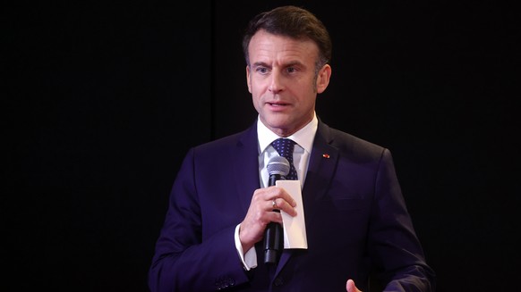 epa11874900 French President Emmanuel Macron attends the presentation of the French Pavilion for the Osaka 2025 World Expo at the City of Architecture and Heritage in Paris, France, 04 February 2025.  ...