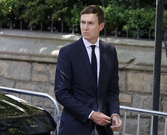epa10083114 Jared Kushner (C) arrives for the funeral of his mother-in-law, Ivana Trump, the first wife of Former US President Donald Trump at St. Vincent Ferrer Roman Catholic Church in New York, New ...